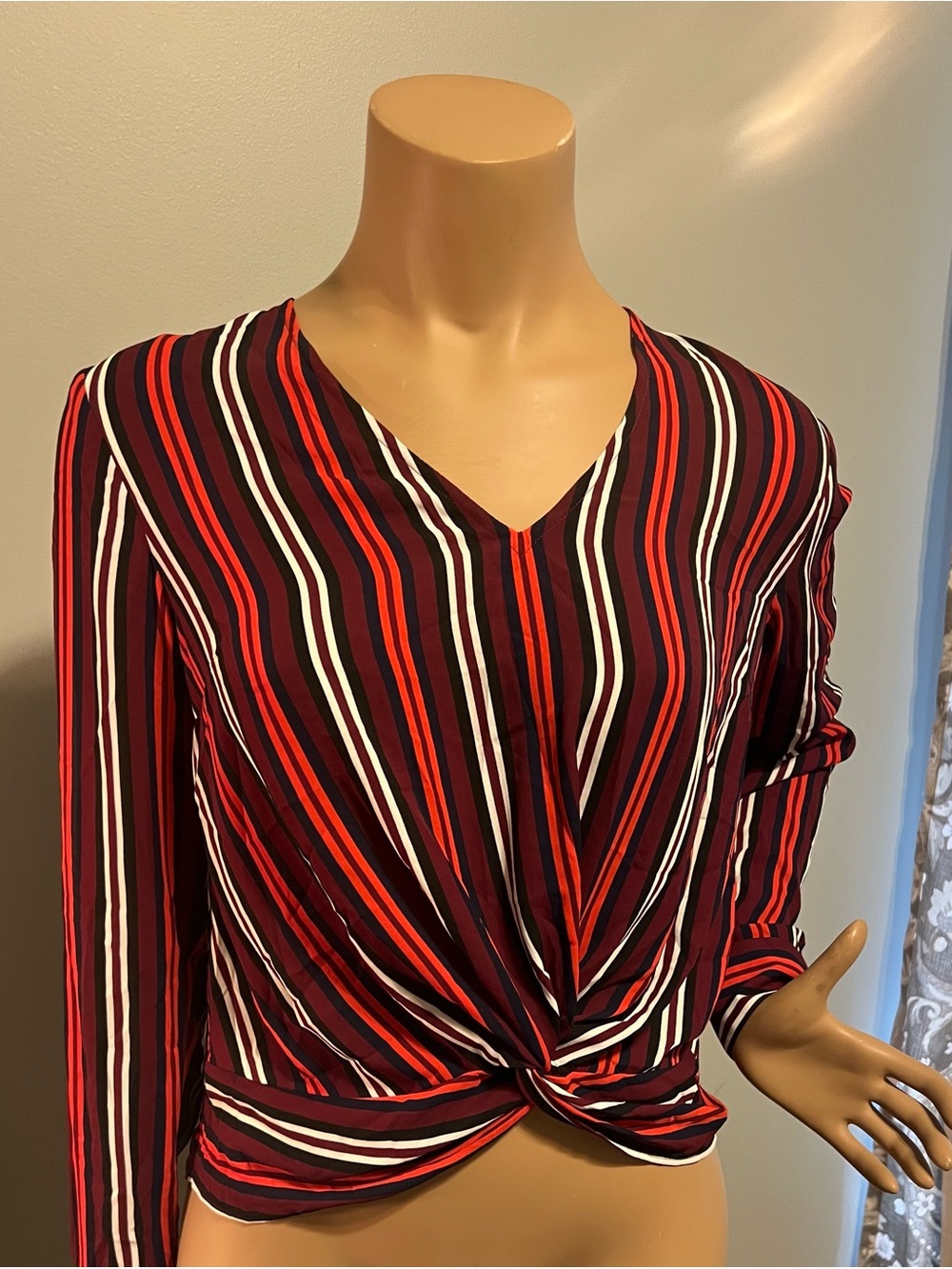 Express Striped Twist-Front V-Neck Blouse in Red, Black & White